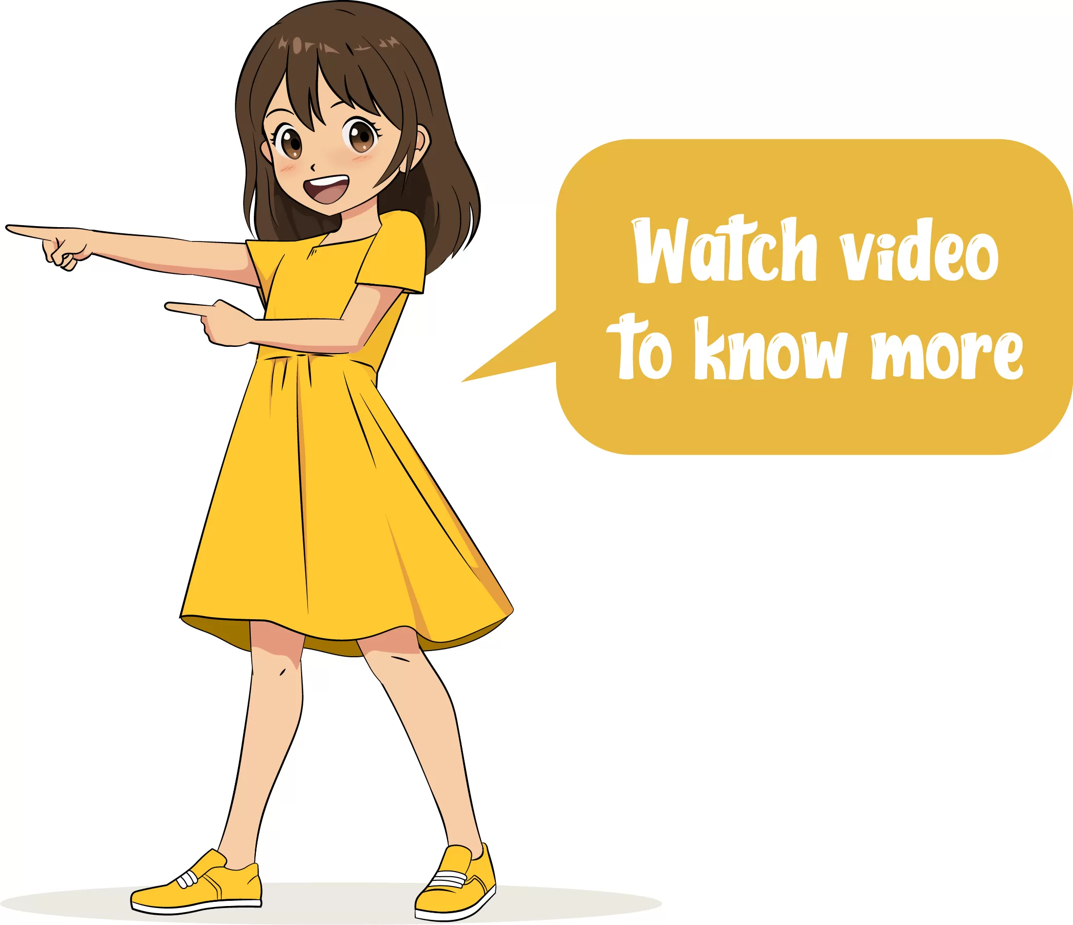 Cartoon girl pointing at video link/button with “Watch video to know more” text bubble.