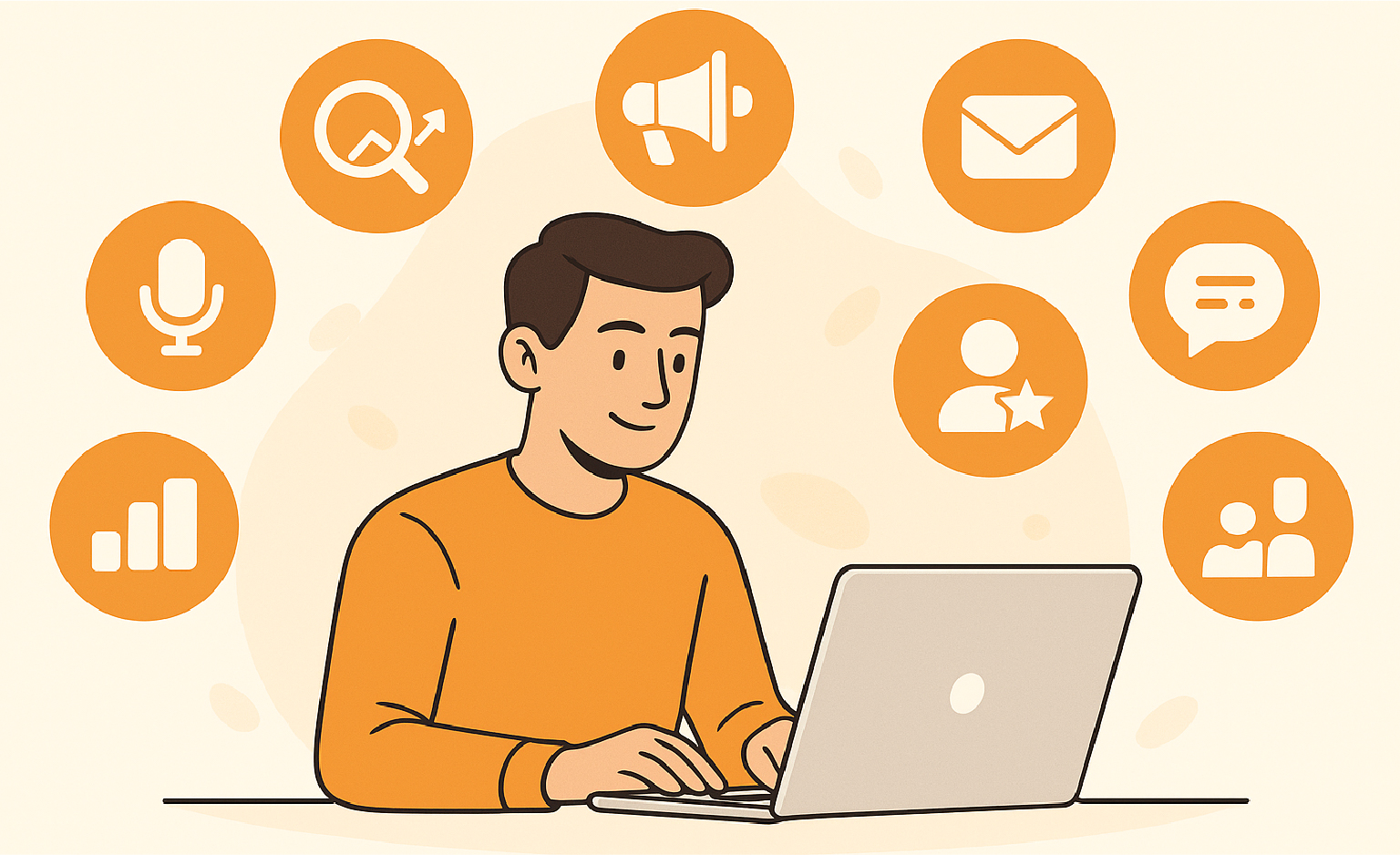 Digital marketer—cartoon man on laptop with SEO, email, social, analytics icons.