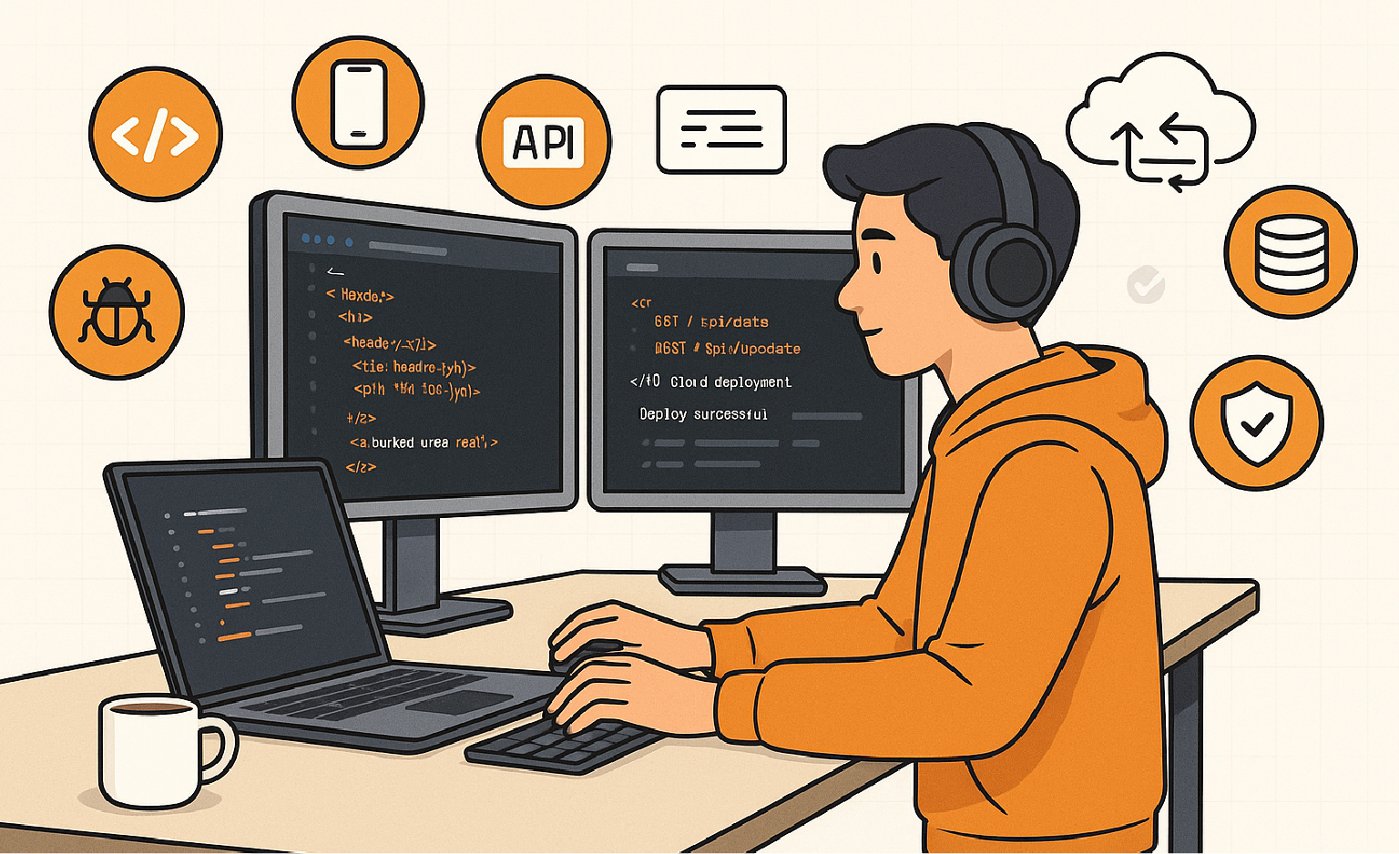 software engineer in hoodie with headphones coding web apps; API, mobile, cloud, database and security icons.