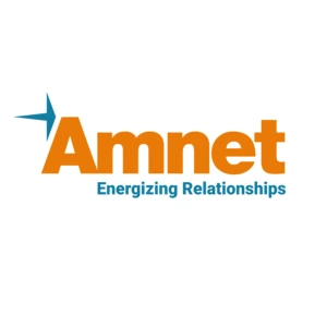Amnet logo—orange wordmark with blue star icon and tagline “Energizing Relationships”.