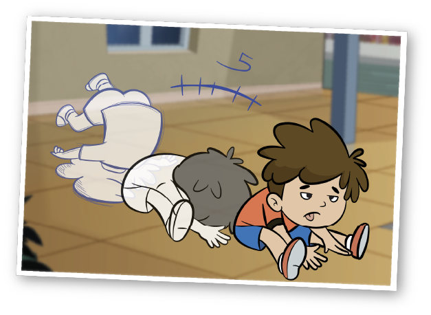 Animation example: child character fall with blue motion arc and successive ghost poses in a 2D cartoon scene.