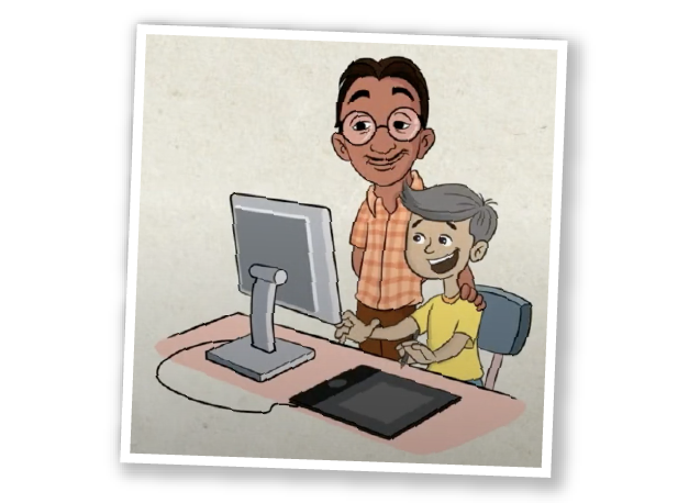 AmazDraw Academy card—teacher guides child on desktop with pen tablet; digital art, 2D animation, industry-ready courses.