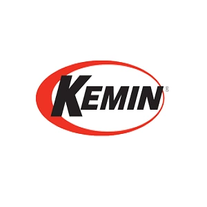 Kemin logo—black wordmark inside a red oval swoosh.