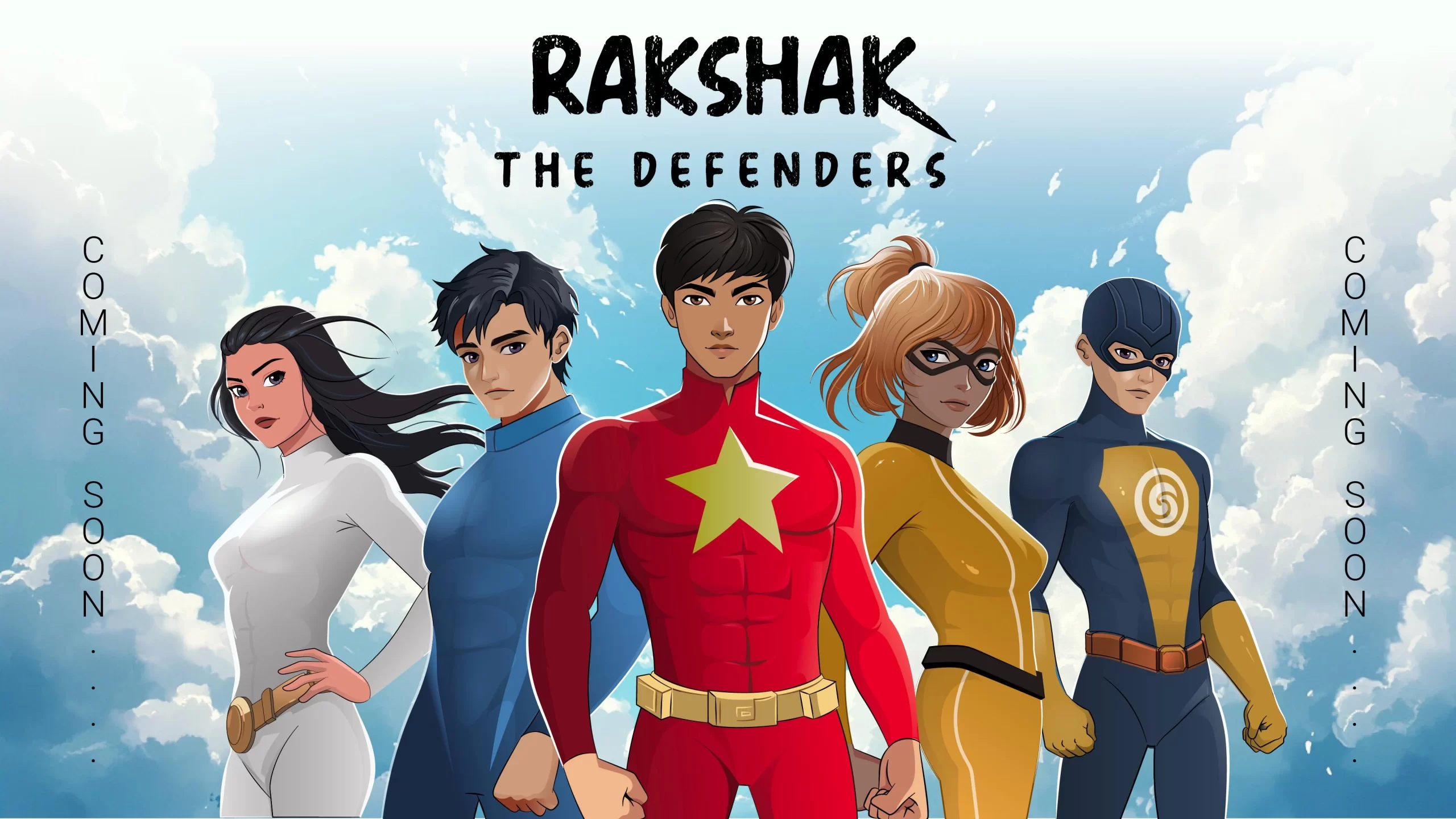 Illustrated poster of five defenders—center hero in red with star emblem—cloudy background, “Coming Soon”.