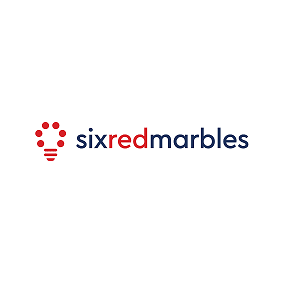 Logo: Six Red Marbles, red bulb symbol and blue text, edtech/learning design.